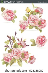 Hand drawn Bouquet of roses. Beautiful Realistic vector elements. No transparency and shadows, eps8