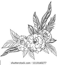 Hand drawn bouquet of roses and ethnic feathers isolated on white. Doodle design element for wedding, invitation, save the date, greeting cards.