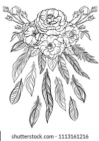 Hand drawn bouquet of roses and ethnic feathers isolated on white. Doodle design element for wedding, invitation, save the date, greeting cards.
