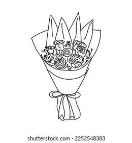 Hand drawn Bouquet of roses. Gift flowers rose bouquet sketch isolated. Postcard Beautiful bouquet of flowers in simple linear hand-drawn style for flowers shop, celebrations, holidays and ceremonies