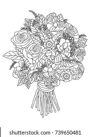 Hand drawn bouquet. Sketch for anti-stress adult coloring book in zen-tangle style. Vector illustration  for coloring page, isolated on white background.