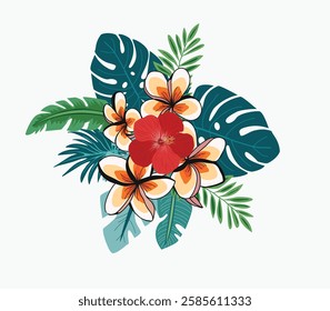 Hand drawn bouquet of tropical flowers banner template.  Monstera, hibiscus, plumeria flowers, tropical plants. Aloha Summer background for fabric, textiles, clothing, wallpaper, cover, banner. 