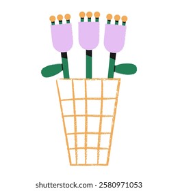 Hand drawn bouquet of Tulips isolated.Spring fresh flowers wrapped in gift paper. Beautiful tulips for Mothers Day.Holiday floral decor.Vibrant Colors vector isolated on white.illustration EPS 10