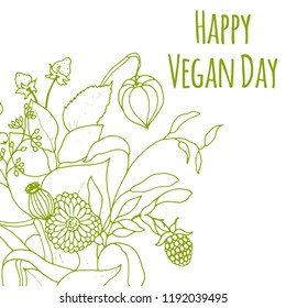 Hand drawn bouquet. Vector illsutration. Vector plants. Happy Vegan Day. Vegan product label. World vegan day. Typography design. Green living.