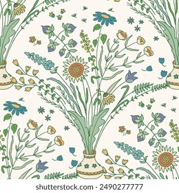 Hand drawn Bouquet of wild flowers ir summer colours. Ogee repeat pattern. Suitable for wallpaper, fabric, or other decorative purposes.