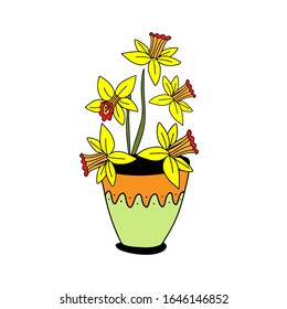 Hand drawn bouquet of yellow narcissus with green leaves with pot isolated on white background. Cartoon narcissus vector botanical  illustration. Best for cards, posters, textile, print, greeting