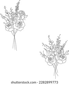 Hand drawn bouquets of delphinium, lily of the valley and roses. Minimalistic line art tattoo design. Black and white decorative isolated vector elements for greeting card, wedding invitation. 