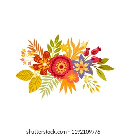 Of hand drawn bouquets. Floral composition with colorful leaves and flowers. Autumn, fall concept. Isolated vector