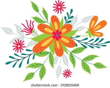 Hand drawn bouquets. Floral composition with colorful leaves and flowers. Isolated vector.