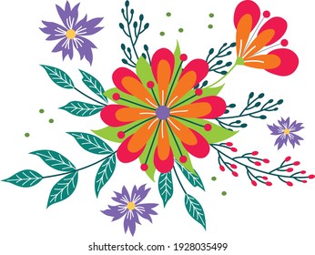 Hand drawn bouquets. Floral composition with colorful leaves and flowers. Isolated vector.