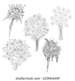 Hand drawn bouquets of flowers set. Vector illustration on white background.