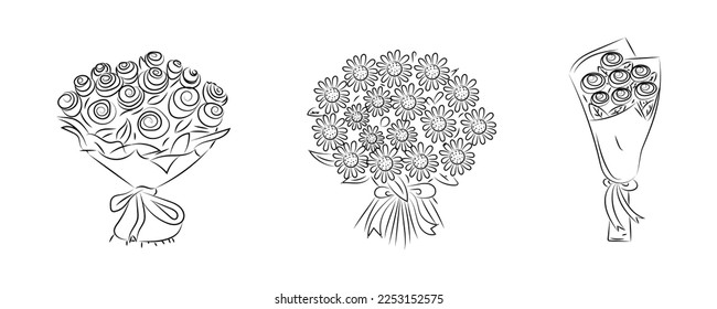 Hand drawn bouquets of flowers vector set. Flowers bouquet sketch isolated on white background. flowers collection in linear style. Bouquet of chrysanthemum flowers and rose. vector illustration