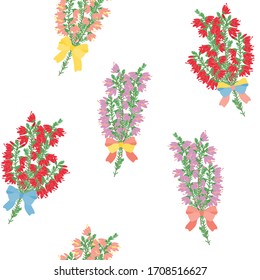 Hand drawn bouquets of purple, pink and red flowers seamless pattern background with ribbon bow. Heather flowers background. Summer or celebration flowers. Great for wallpaper, wedding, valentine.