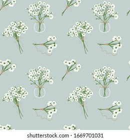 Hand drawn bouquets of white flowers, baby's breath, Gypsophila flowers seamless pattern background. with rope bow and jar. Floral design, Flower arrangement pattern background. Great for packaging