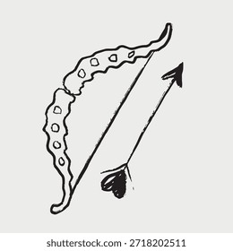 Arco y flecha dibujados a mano. Tiro con arco, mitología o simbolismo romántico. Ilustración de boceto de Vector en estilo vintage de carbón de crayón. Símbolo de amor, boda, día de San Valentín.