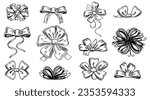 Hand drawn bow. Decoration bows on boxes with gifts. Fashion tie bows accessories sketch doodles tied ribbons. Vintage isolated vector set. 