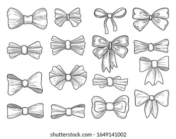 Hand drawn bow. Fashion tie bows accessories sketch doodles tied ribbons. Vintage isolated vector set. Scribble hand drawn classic, white black satin, bowtie silk vector illustration