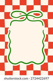 Hand drawn bow frame on checkered background. Vector illustration of wavy ribbon. Template for holiday greeting cards, invitations