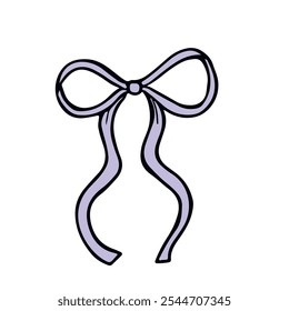 Hand drawn bow illustration. Cute lilac thin ribbon bow. Birthday, Christmas, and Valentine's Day decoration. Gift wrapping. 