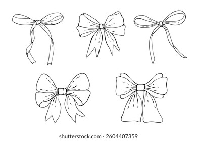 Hand drawn bow knots for greeting cards and holiday invitation, banner, poster, wedding celebration decoration. Doodle style. Vector set.
