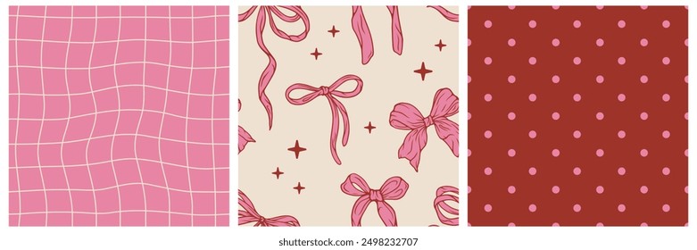 Hand drawn bow knots, mesh, polka dots seamless pattern set. Pink and red background in retro style. Vector illustration for holiday, party, birthday, invitation.