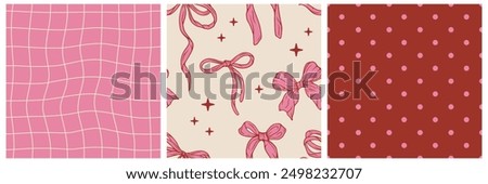 Hand drawn bow knots, mesh, polka dots seamless pattern set. Pink and red background in retro style. Vector illustration for holiday, party, birthday, invitation.