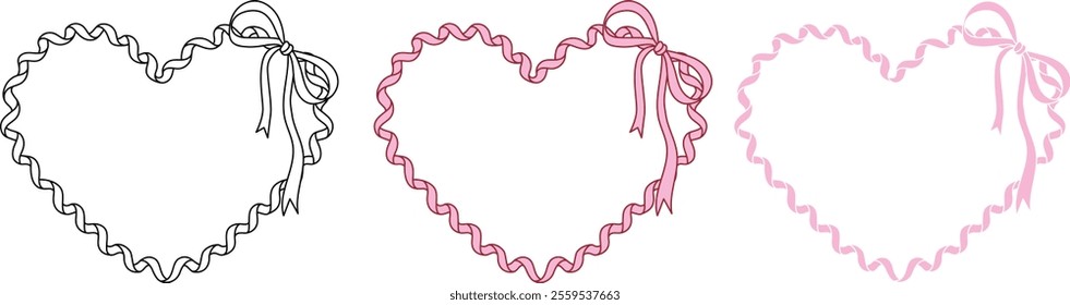 Hand drawn bow ribbon heart shape frame with editable stroke thickness for wedding, valentines card and so on. Vector illustration.