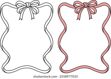 Hand drawn bow ribbon square frame with editable stroke thickness for wedding, valentines card and so on. Vector illustration.