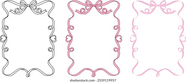 Hand drawn bow ribbon square frame with editable stroke thickness for wedding, valentines card and so on. Vector illustration.