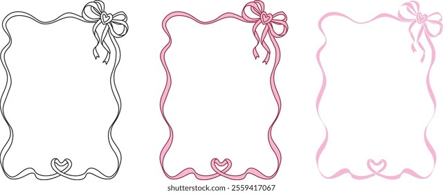 Hand drawn bow ribbon square frame with editable stroke thickness for wedding, valentines card and so on. Vector illustration.