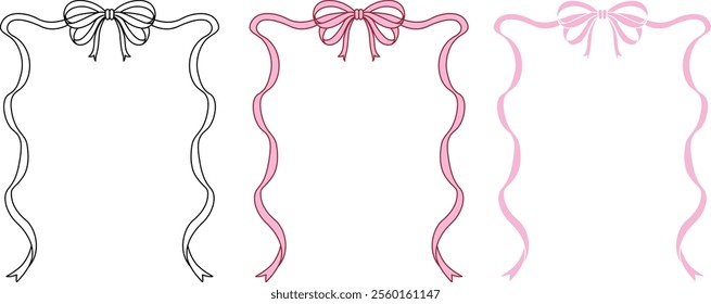 Hand drawn bow ribbon square frame with editable stroke thickness for wedding, valentines card and so on. Vector illustration.