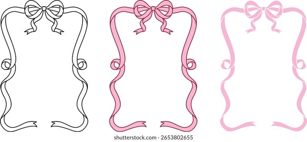 Hand drawn bow ribbon square frame with editable stroke thickness for wedding, valentines card and so on. Vector illustration.	
