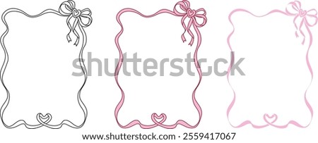 Hand drawn bow ribbon square frame with editable stroke thickness for wedding, valentines card and so on. Vector illustration.