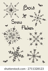 Hand drawn bow snow flakes collection. Set of different, doodled vector winter, christmas icon elements.