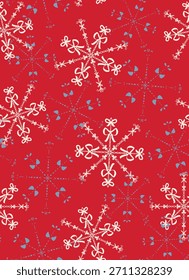 Dibujado a mano, copos de nieve de arco sin patrón de repetición. Colocado al azar, lazo de Vector del pelo del hielo aop, por toda la impresión superficial en fondo rojo de la x-mas.