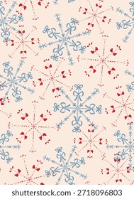 Hand drawn, bow snow flakes seamless repeat pattern. Random placed, vector hair tie ice aop, all over surface print on beige background.