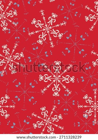 Hand drawn, bow snow flakes seamless repeat pattern. Random placed, vector hair tie ice aop, all over surface print on red x-mas background.