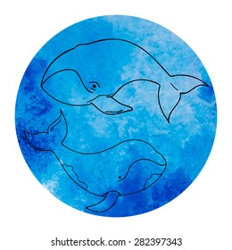 Hand drawn bowhead whale in the watercolor circle.