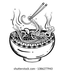 Hand Drawn Bowl Asian Noodle Soup(udon, Miso, Pho, Ramen). Tattoo Art Style.