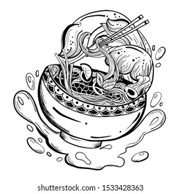 Hand drawn bowl asian noodle soup(udon, miso, pho, ramen). Tattoo art style.