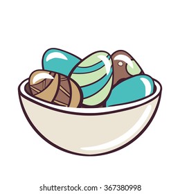 Hand drawn bowl with different colored eggs on white background. Vector illustration.