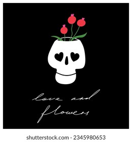Hand drawn bowl in the form of Skulls with flowers. Trendy isolated colorful. Cartoon, vintage style. Poster, tattoo idea, t-shirt print, sticker, logo design template, textile. Skull floral print 