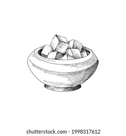 Hand drawn bowl full of sugar cubes in engraving style for menu or cafe, vector illustration isolated on white background. Black line vintage etched style sugar cubes.