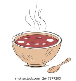 Hand drawn bowl of hot soup in sketch style with black outline. Cozy food illustration for home decor

