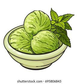 Hand drawn bowl of matcha green tea ice cream scoops, sketch vector illustration isolated on white background. Hand drawn matcha tea ice cream, sorbet, gelato serving decorated with mint leaves