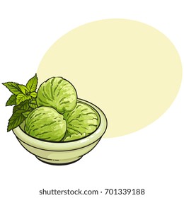 Hand drawn bowl of matcha green tea ice cream scoops, sketch vector illustration with space for text.
