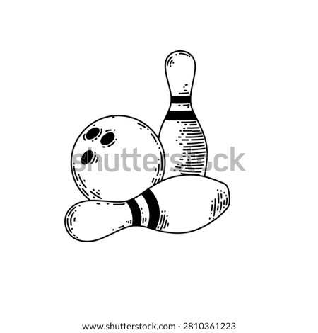 hand drawn bowling ball and pins line art vector illustration