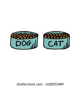 Hand drawn bowls of cat and dog food isolated on a white background. Doodle, simple outline illustration. 