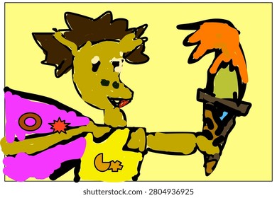 A  hand -drawn  bown  creature  with  pink wings hold  an orange  fire torch.  The character wears  a  yellow garment  in  a whimsical  stye.