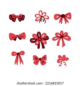 Hand drawn bows collection. Cute festive ribbons set. Isolated vector illustration for celebration decorations in cartoon doodle style